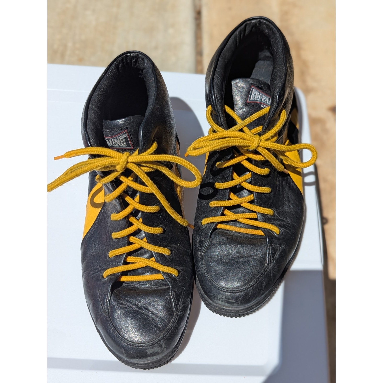 Vintage Buffalino Sport High Top Sneakers Mens 12d Black Yellow Leather Shoes